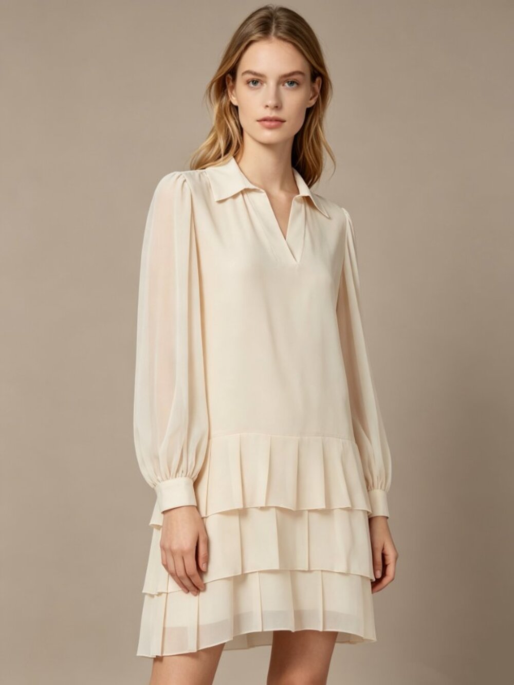 $495 NWOT SEE BY CHLOÉ  Tiered Georgette Silky Beige Mini Dress Size 38/ L